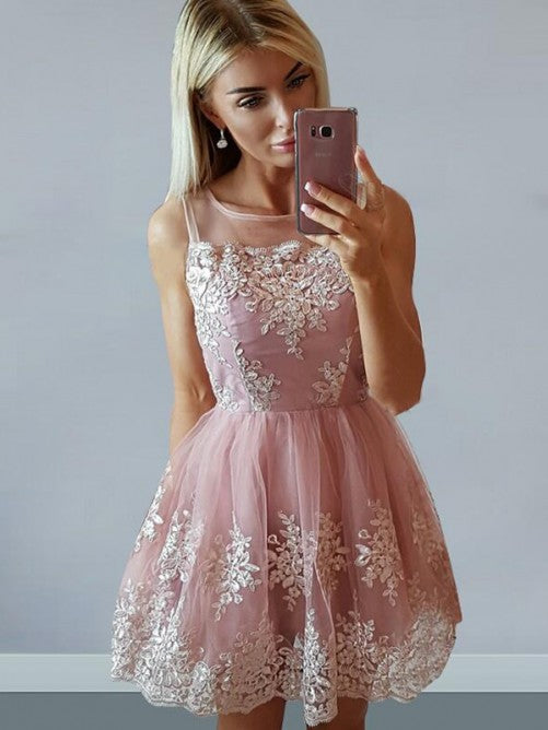 Appliques Homecoming Dresses A Line Lace Yoselin Pink Sleeveless Sheer Straps Scoop Pleated