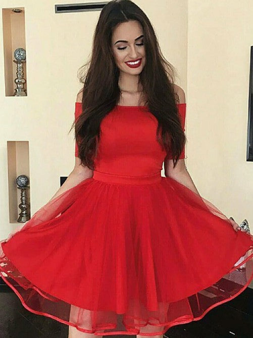 Off The Anaya Homecoming Dresses A Line Shoulder Half Sleeve Pleated Organza Red Short