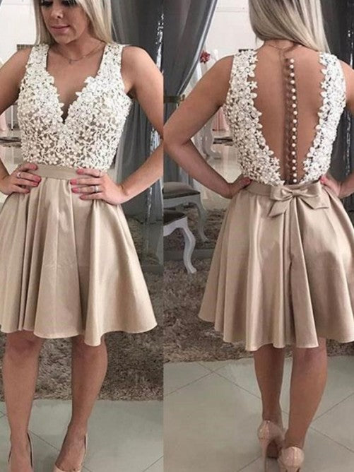 Deep Ina Homecoming Dresses Satin V Neck Sleeveless Appliques Pearls Sheer Back Pleated