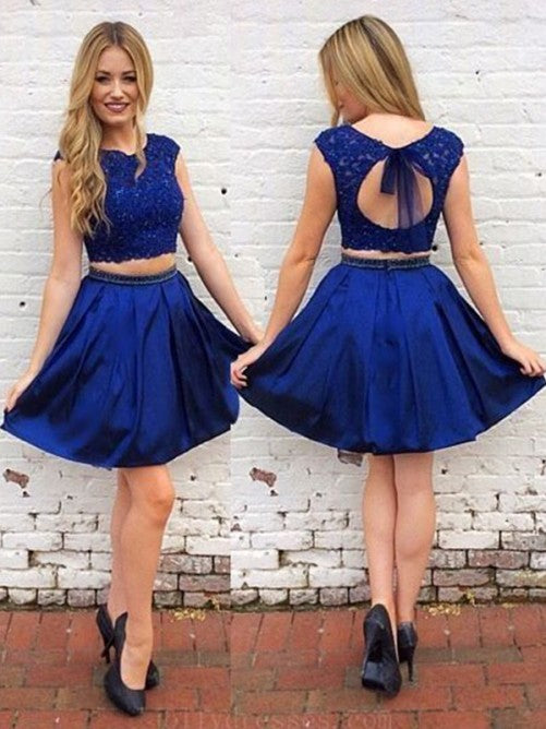 Cap Sleeve A Line Royal Blue Homecoming Dresses Kay Satin Appliques Pleated Jewel Backless