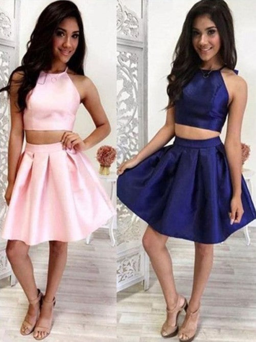 Halter Homecoming Dresses Two Pieces Lydia A Line Satin Sleeveless Short Pleated