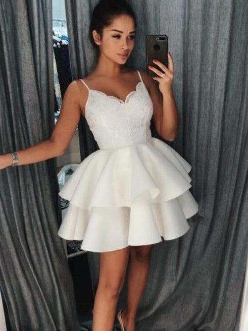 Ball Gown Tiered Pleated Ivory Satin Homecoming Dresses Kendal Lace V Neck Spaghetti Straps Short