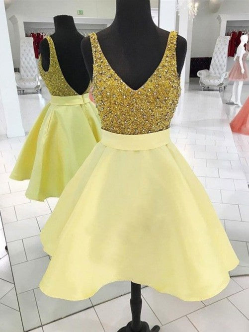 Deep V Neck Light Yellow Homecoming Dresses A Line Satin Emely Sleeveless Backless Rhinestone