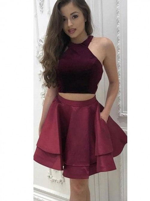 Halter Sleeveless Burgundy Pleated Tiered Two Pieces A Line Homecoming Dresses Lorena Satin Short