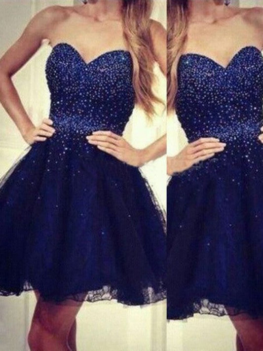 Dark Hazel A Line Homecoming Dresses Navy Strapless Sweetheart Pleated Beading Backless