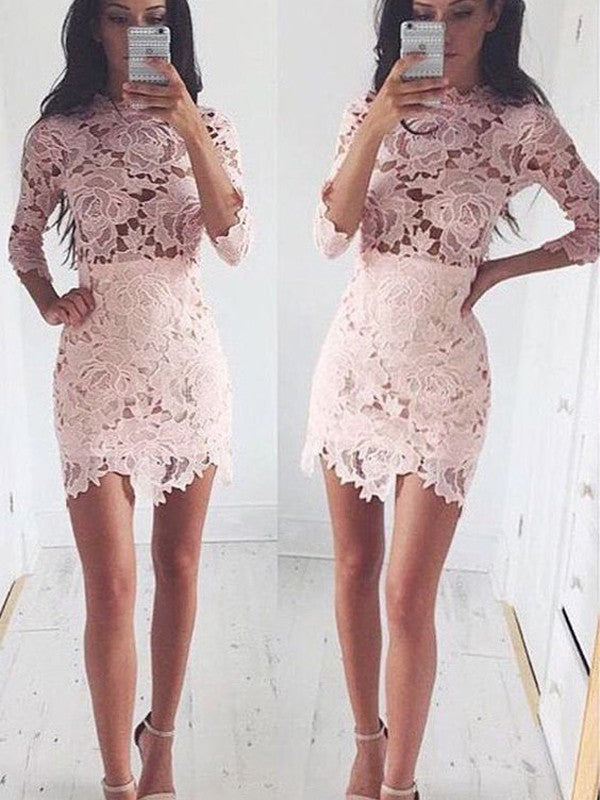 Jewel Long Sleeve Flowers Appliques Sheath Homecoming Dresses Lace Arely Pink Short