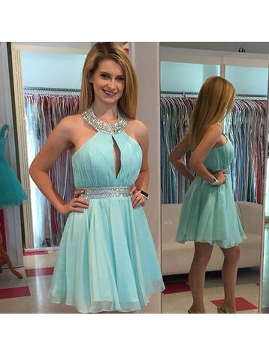 Halter Sleeveless Pleated Janae Homecoming Dresses A Line Chiffon Blue Cut Out Rhinestone