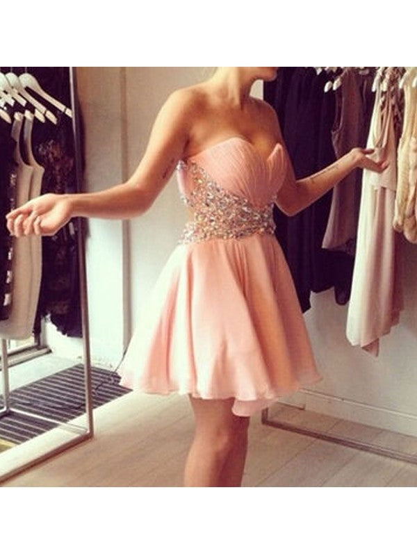 Rhinestone Strapless Sweetheart A Line Homecoming Dresses Ashlee Chiffon Peach Sexy Pleated Short