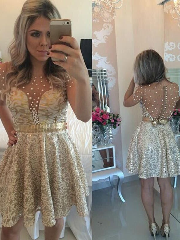 Jewel Short Sleeve Sheer Back Button Sequins Yoselin A Line Homecoming Dresses Sexy Short