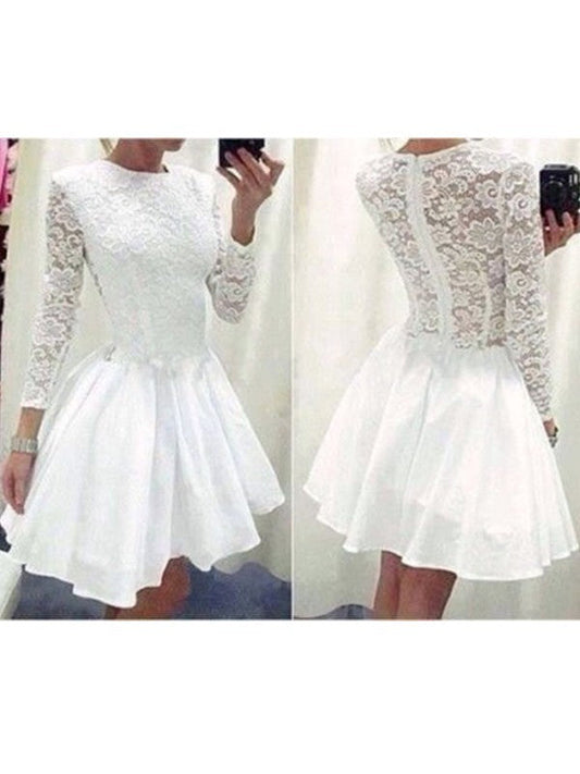 Homecoming Dresses Rachel Lace Satin A Line Long Sleeve Jewel White Pleated Appliques