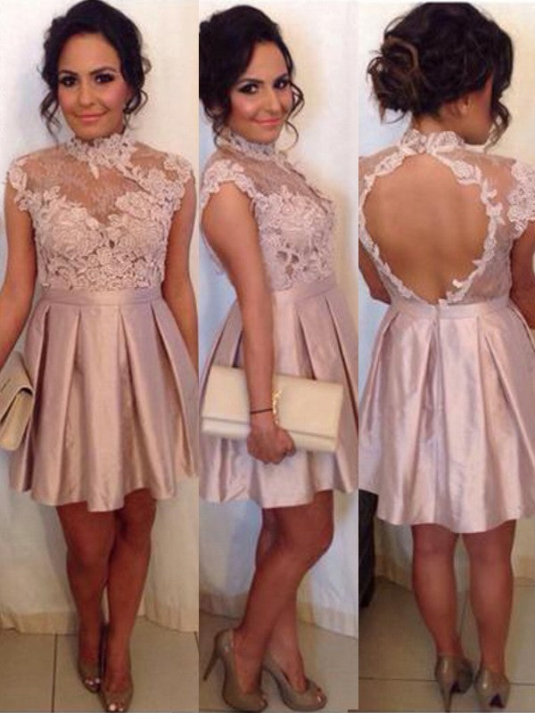 Appliques Sheer High Neck Backless Cap Lace Kamora Homecoming Dresses Satin Sleeve Dusty Rose