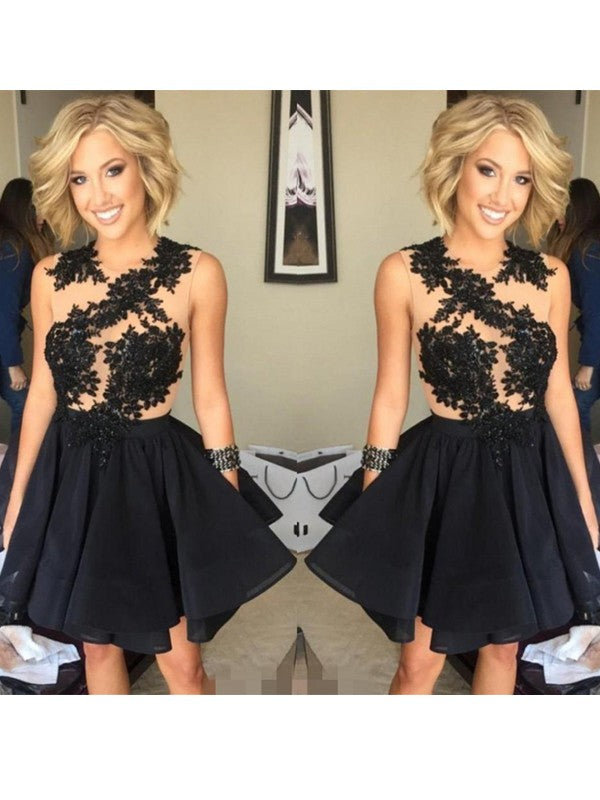 Organza Black Sleeveless A Line Maggie Homecoming Dresses Appliques Jewel Flowers Short