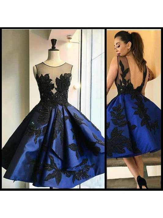 Scoop Ball Karly Homecoming Dresses Satin Gown Sheer Appliques Flowers Backless Pleated