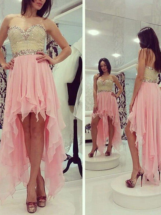 High Low Pink Carissa Chiffon A Line Homecoming Dresses Strapless Sweetheart Backless Beading