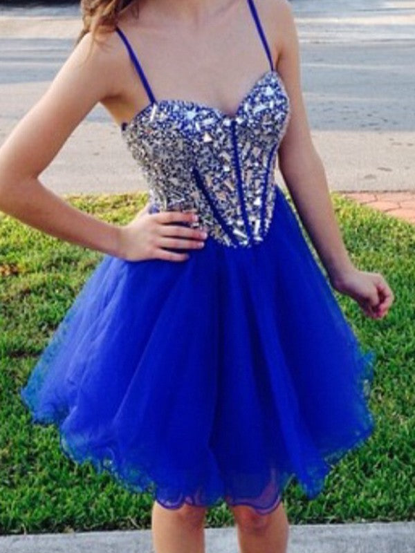 Rhinestone Miracle Homecoming Dresses A Line Royal Blue Spaghetti Straps Organza Sweetheart