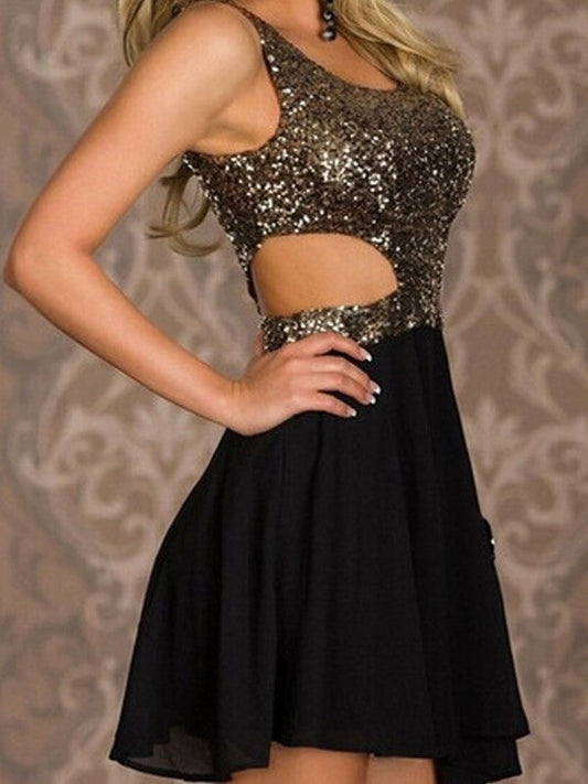 Scoop Sleeveless Cut Out Black Short Nia Chiffon A Line Homecoming Dresses Sexy Sequins