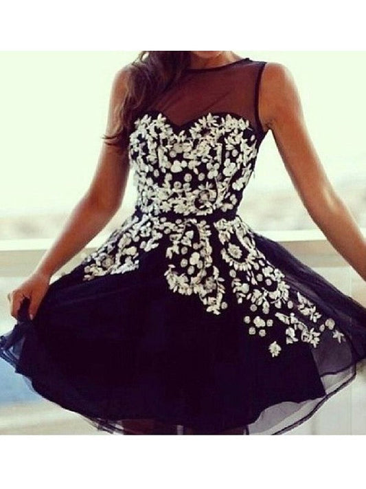 Jewel Sleeveless Sheer A Line Mareli Homecoming Dresses Black Appliques Flowers Pleated Tulle