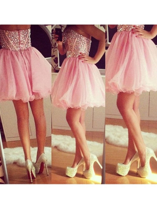 Organza Strapless Sweetheart Pleated Backless Beading A Line Homecoming Dresses Pink Riya Short