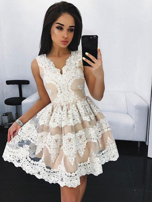 Sleeveless V Neck Homecoming Dresses Nathaly A Line Lace Ivory Flowers Appliques Pleated