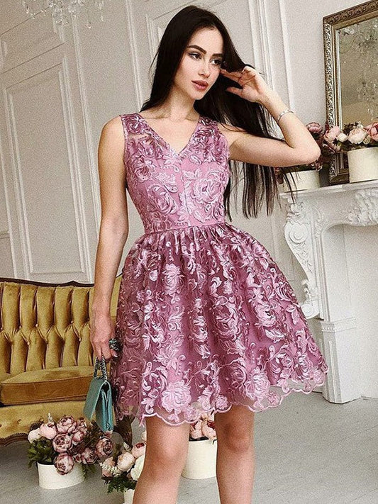 V Neck Lace Homecoming Dresses Pink Jaylah Sleeveless Ball Gown Appliques Flowers