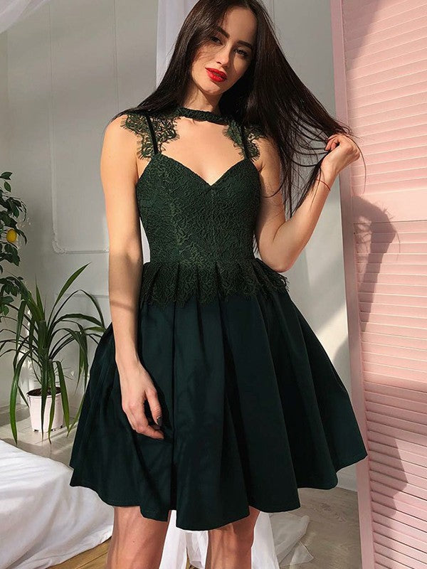 Sleeveless Pleated V Neck Appliques Satin Lace Homecoming Dresses Alexa A Line Dark Green