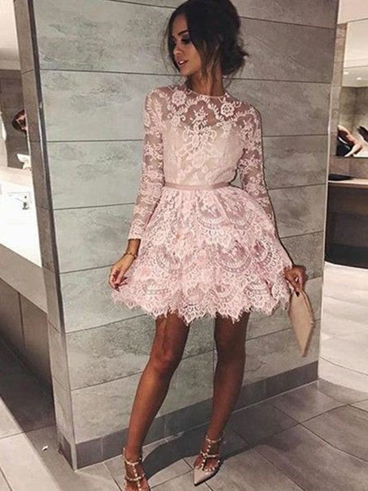 Pink Juliette Homecoming Dresses A Line Lace Long Sleeve Jewel Tiered Short Flowers Sheer