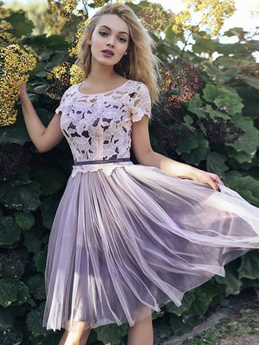 Tulle Short Sleeve Scoop Pleated Lace Homecoming Dresses Joyce Pink Flowers