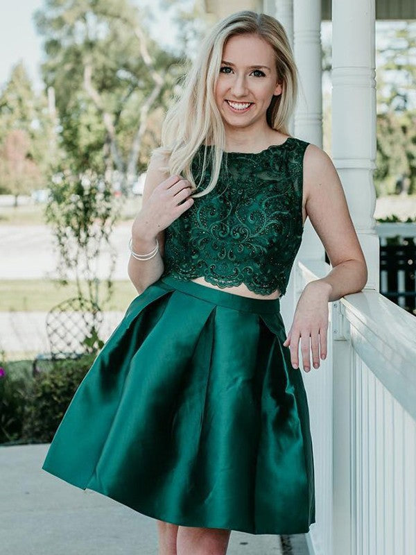 Jewel Ball Gown Sleeveless Dark Green Two Pieces Satin Homecoming Dresses Lace Brooke Appliques