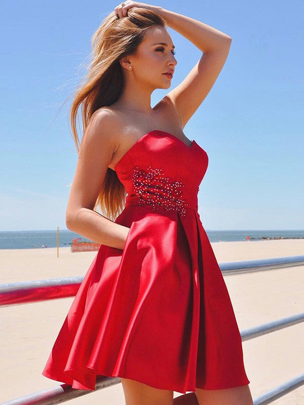 Sweetheart Erika Satin A Line Homecoming Dresses Strapless Red Pleated Backless Short