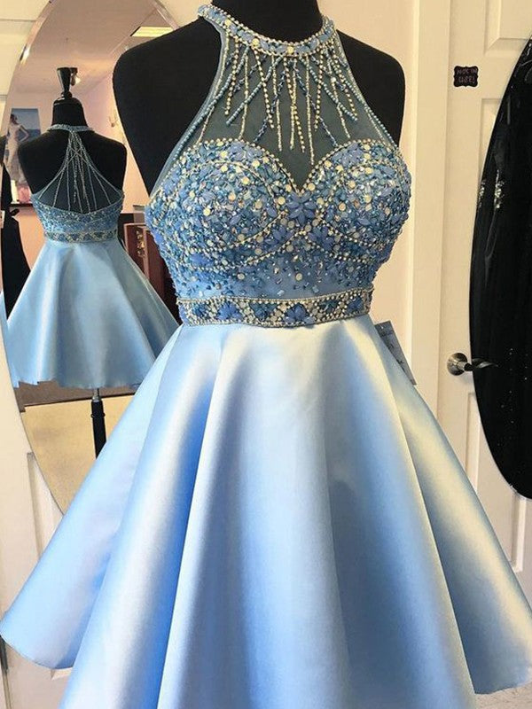 Blue Beading Rhinestone Sleeveless Halter Homecoming Dresses A Line Holly Satin Sheer Back