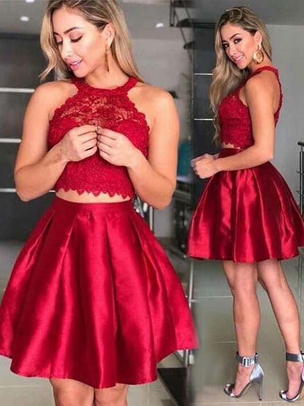 Sleeveless Halter Pleated Lace A Line Satin Homecoming Dresses Adalyn Two Pieces Short Red