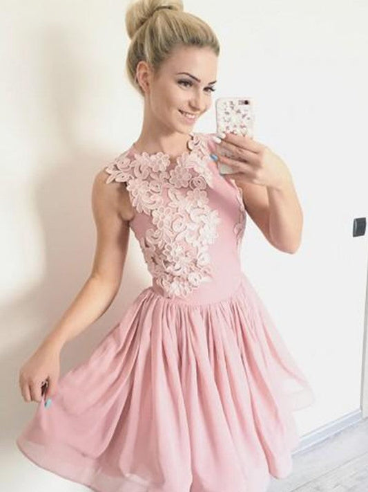 Chiffon Helena Homecoming Dresses A Line Sleeveless Jewel Pleated Appliques Flowers Short