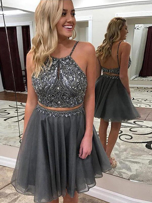 Halter Spaghetti Straps Grey Backless A Line Two Pieces Bridget Homecoming Dresses Organza Beading