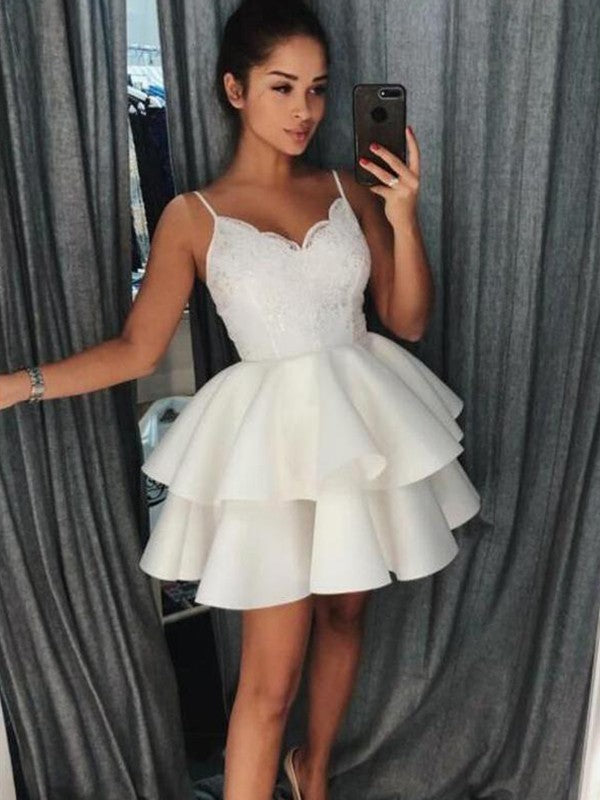 Spaghetti Straps V Neck Ball Gown Tiered Homecoming Dresses Satin Ivory Lace Kaia Pleated