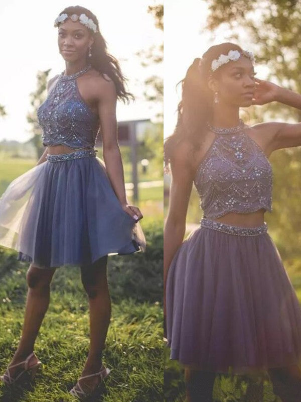 Halter Sofia Homecoming Dresses Two Pieces A Line Sleeveless Pleated Tulle Beading Short