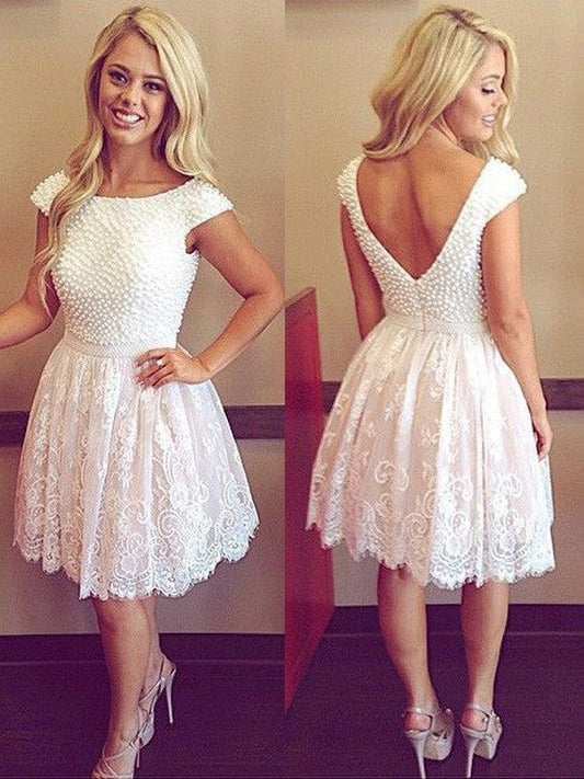 Scoop Cap Sleeve White Ball Adelyn Lace Homecoming Dresses Gown Flowers Backless Beading