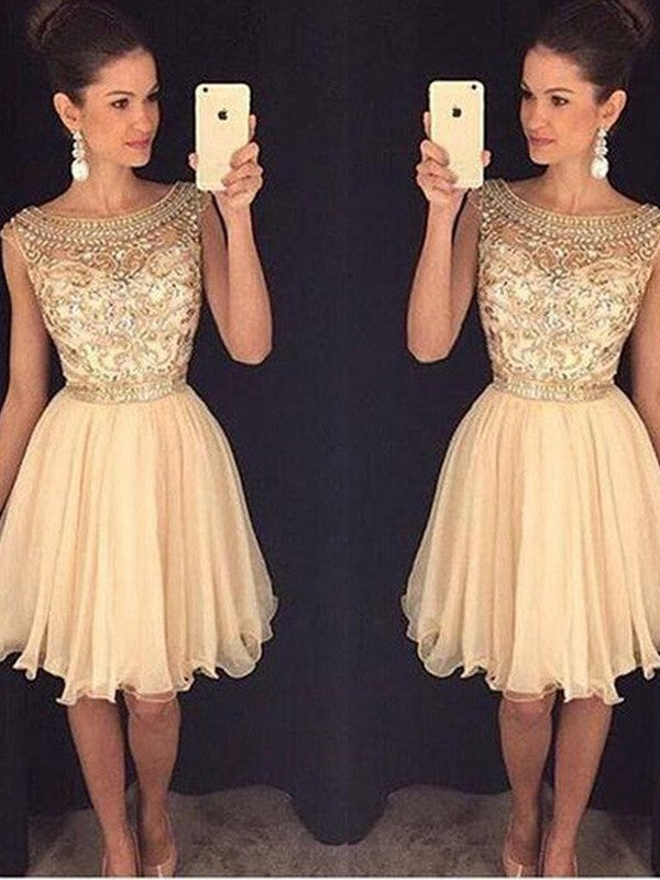 Scoop Cap Sleeve Champagne Mckenzie Homecoming Dresses Chiffon A Line Beading Knee Length Pleated