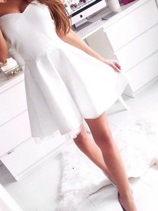 Strapless Sweetheart White Pleated Above Alexandria Satin Homecoming Dresses A Line Knee Simple