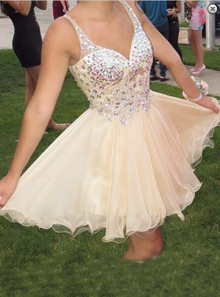 Deep V Neck Sleeveless Homecoming Dresses A Line Ansley Ivory Organza Rhinestone Sparkle Short