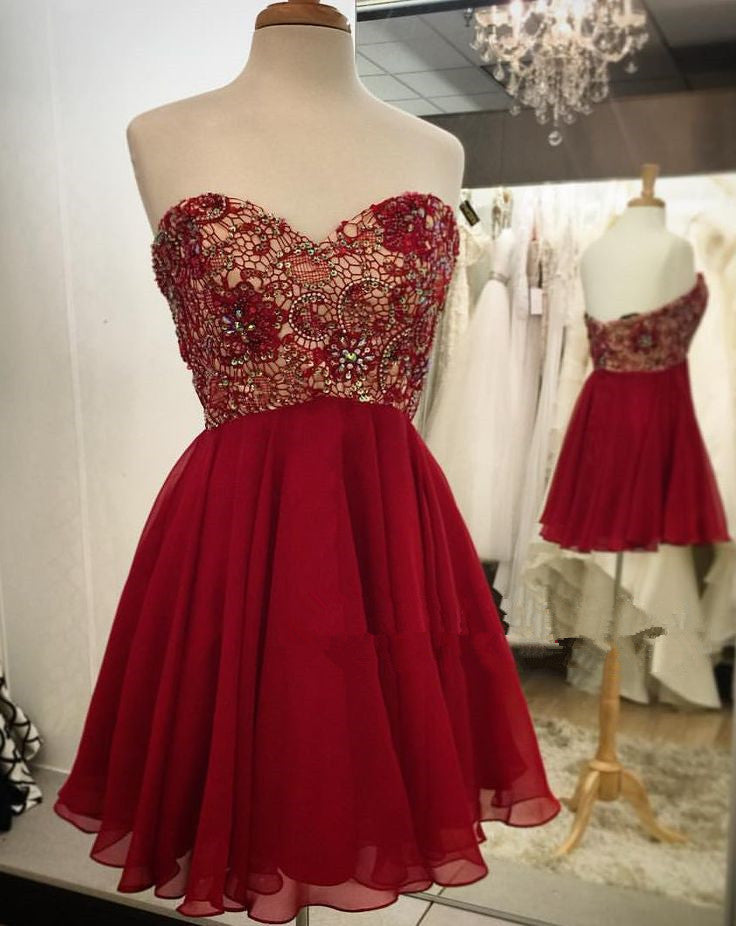 Backless Strapless Sweetheart Red Lace Chiffon A Line Emmy Homecoming Dresses Pleated Beading