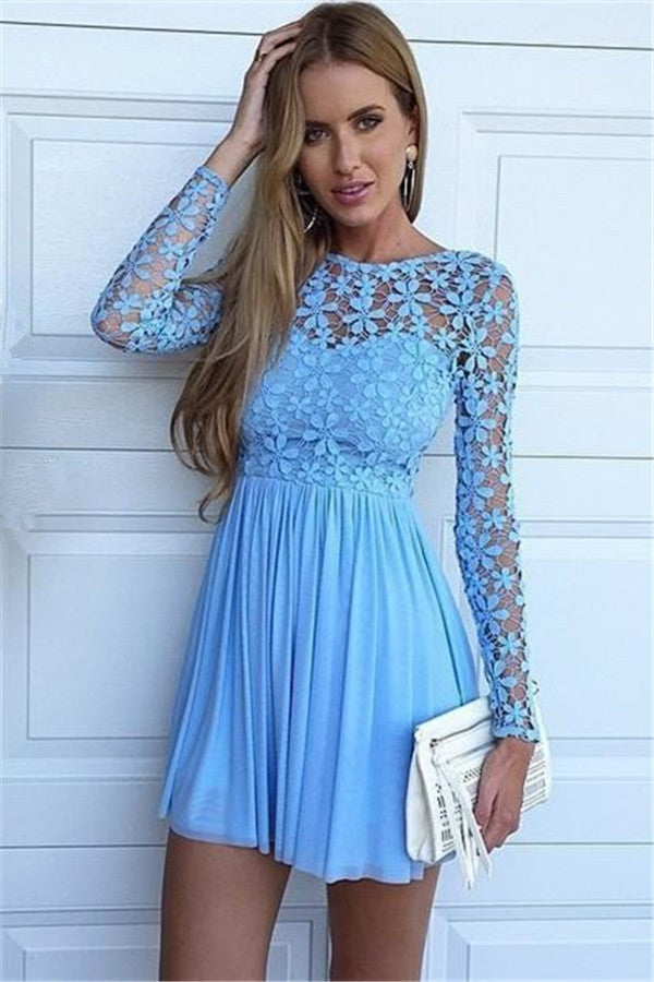 Jewel Long Sleeve Chiffon A Line Tracy Lace Homecoming Dresses Blue Hollow Flowers Pleated