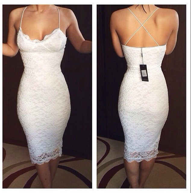 Spaghetti Straps White V Neck Criss Cross Backless Flowers Lace Maddison Homecoming Dresses Sheath