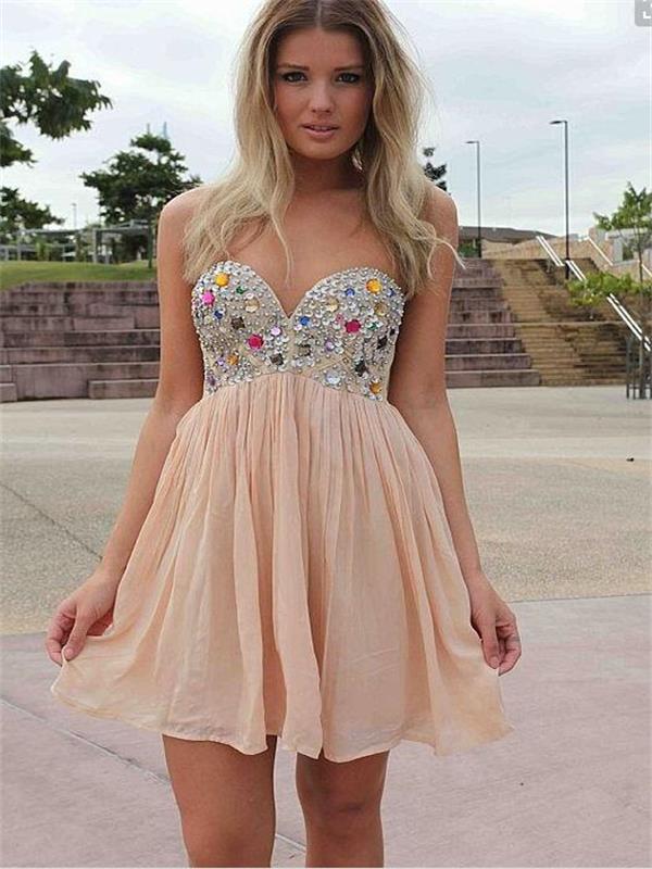 Hanna Homecoming Dresses Chiffon Ivory A Line Strapless Sweetheart Pleated Rhinestone Sparkle Short