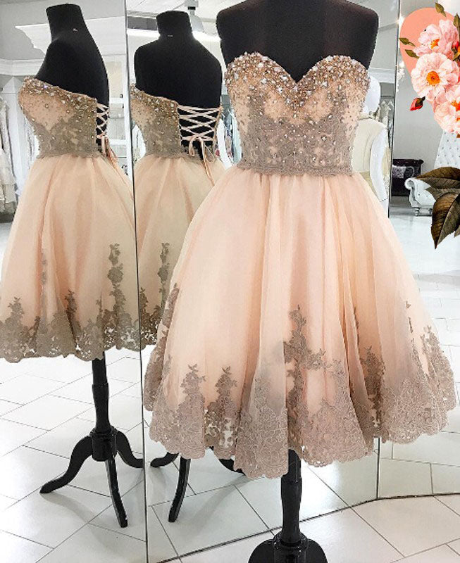 Frida Lace Homecoming Dresses A Line Strapless Sweetheart Backless Appliques Rhinestone Pleated