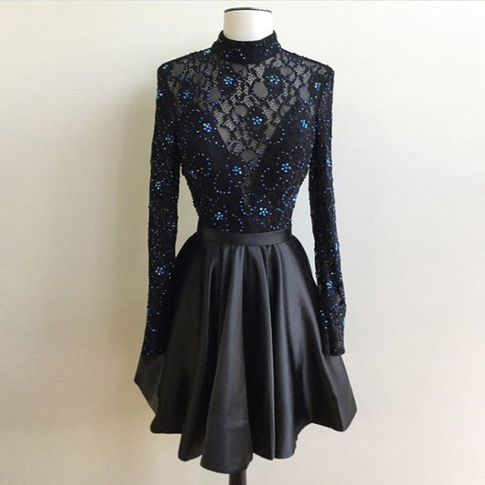 Beading Pleated Black Long Lily A Line Satin Homecoming Dresses Lace Sleeve High Neck Short