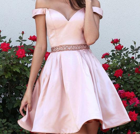 Off The Shoulder Pleated Homecoming Dresses Satin A Line Pink Miley Beading V Neck Short