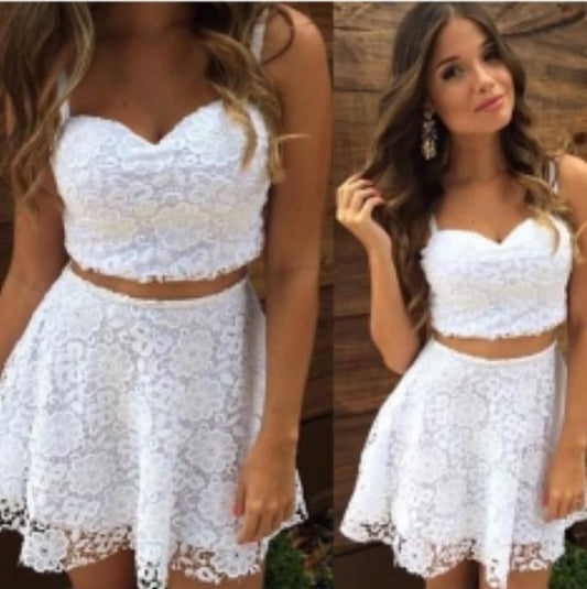 Spaghetti Straps Lace Two Pieces Jayden A Line Homecoming Dresses Sweetheart White Short