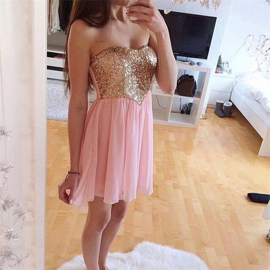 Strapless Beatrice Homecoming Dresses Pink Chiffon A Line Sweetheart Pleated Short Sequins