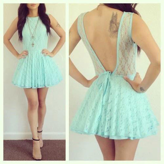 Backless Mariela Lace A Line Homecoming Dresses Jewel Sleeveless Pleated Blue Hollow Short