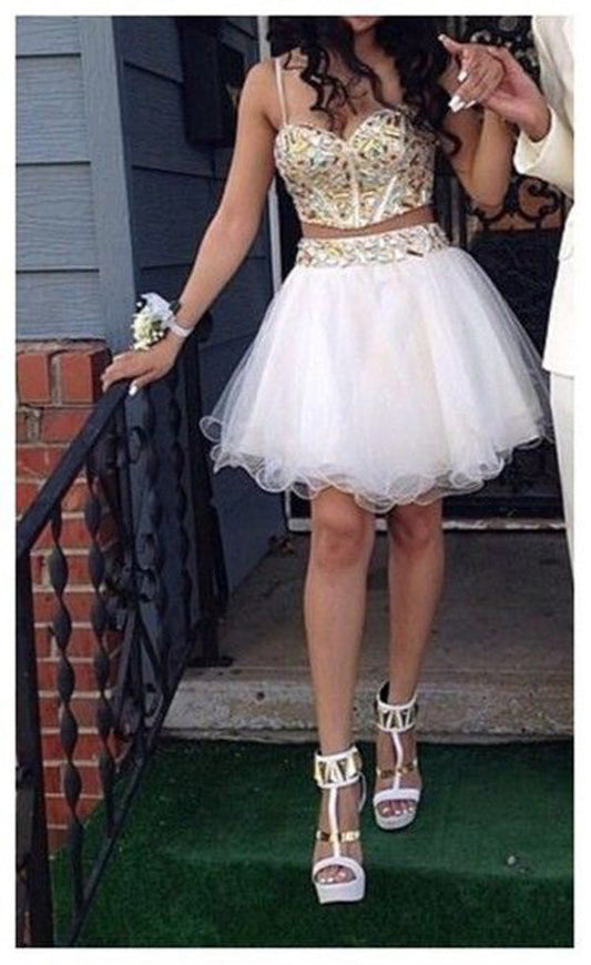 Spaghetti Two Pieces A Line Homecoming Dresses Marcia Straps Rhinestone Organza White Sweetheart